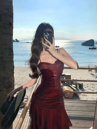 Sexy Mermaid Spaghetti Strap 21st Birthday Elegant Outfits Burgundy Long Wedding Guest Dresses N4014
