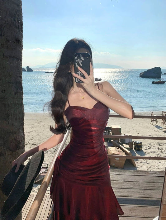 Sexy Mermaid Spaghetti Strap 21st Birthday Elegant Outfits Burgundy Long Wedding Guest Dresses N4014