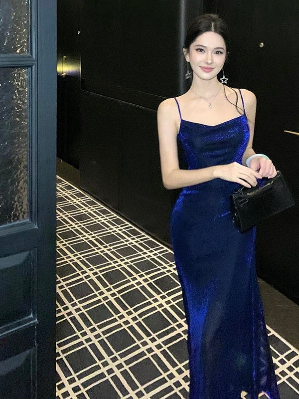 Modest Mermaid Spaghetti Strap Royal Blue Sequin 21st Birthday Elegant Outfit Formal Wedding Guest Dresses N4015