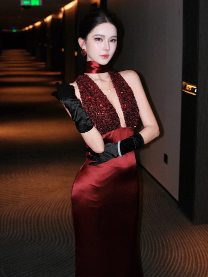 Glitter Prom Dresses Mermaid Halter Burgundy Deep V Neck Backless Evening Gown Formal Dress N4016