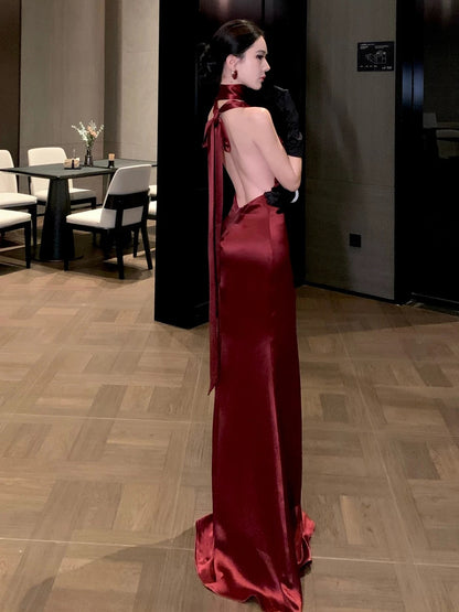 Glitter Prom Dresses Mermaid Halter Burgundy Deep V Neck Backless Evening Gown Formal Dress N4016