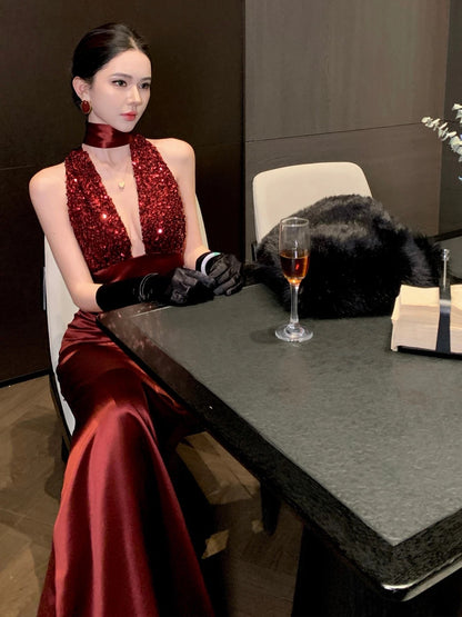 Glitter Prom Dresses Mermaid Halter Burgundy Deep V Neck Backless Evening Gown Formal Dress N4016