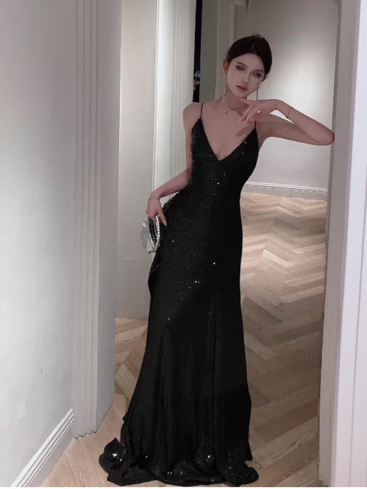 Sparkly A line Spaghetti Strap Sequin 18th Birthday Elegant Outfit Backless Slit Wedding Guest Dresses N4017