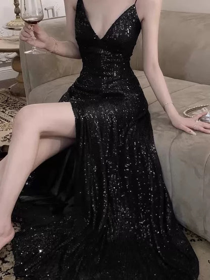Sparkly A line Spaghetti Strap Sequin 18th Birthday Elegant Outfit Backless Slit Wedding Guest Dresses N4017
