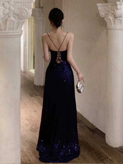 Sparkly A line Spaghetti Strap Sequin 18th Birthday Elegant Outfit Backless Slit Wedding Guest Dresses N4017