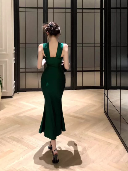 Mermaid Halter Dark Emerald Green 21st Birthday Elegant Outfit Tea Length Wedding Guest Dresses N4018