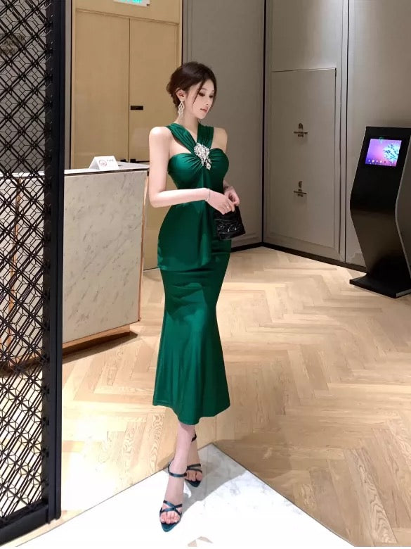 Mermaid Halter Dark Emerald Green 21st Birthday Elegant Outfit Tea Length Wedding Guest Dresses N4018