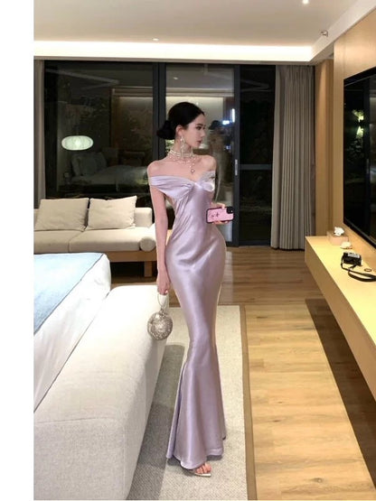 Simple Prom Dresses Mermaid Off The Shoulder Lilac Satin Evening Gown Formal Dress N4018