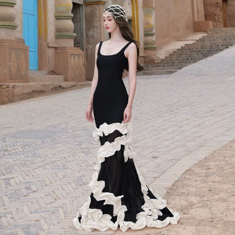 Mermaid Square Neck Black Tie 21st Birthday Elegant Outfit Floor Length Wedding Guest Dresses N4019