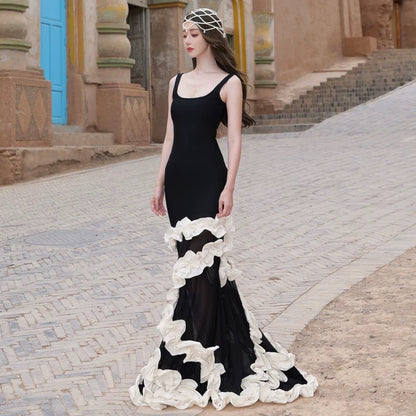 Mermaid Square Neck Black Tie 21st Birthday Elegant Outfit Floor Length Wedding Guest Dresses N4019