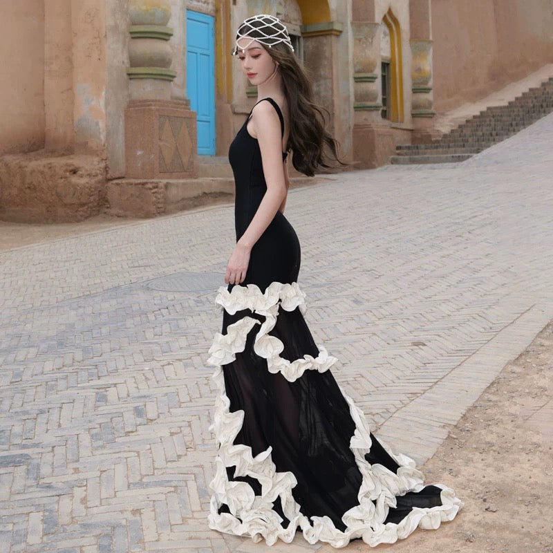 Mermaid Square Neck Black Tie 21st Birthday Elegant Outfit Floor Length Wedding Guest Dresses N4019