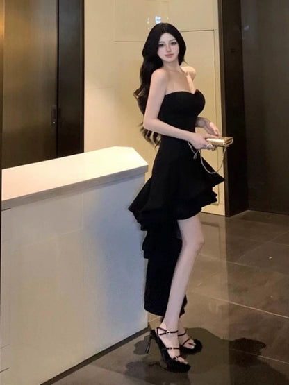 Sexy High Low Sweetheart Black 21st Birthday Elegant Outfits Wedding Guest Dresses N4020
