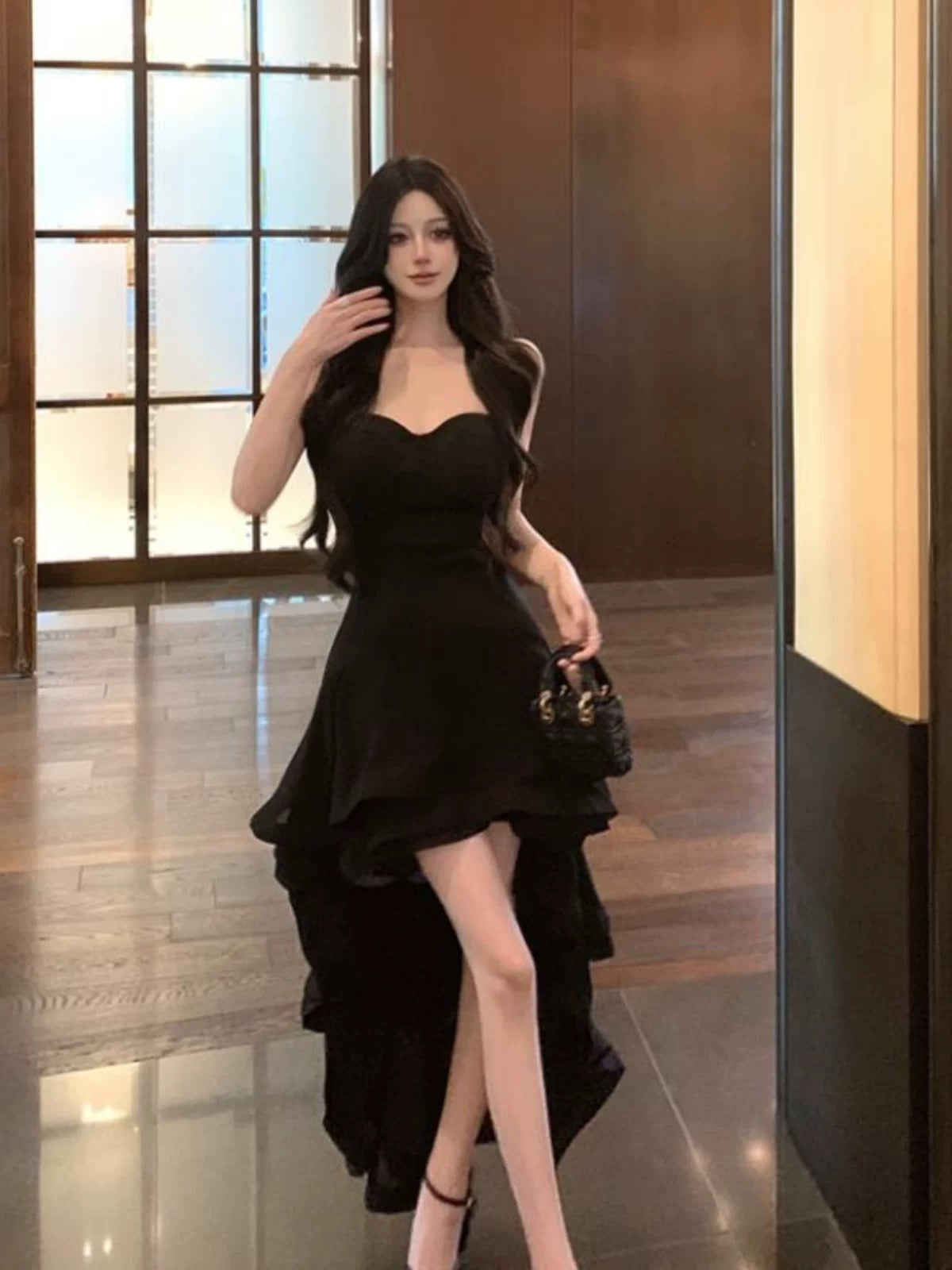 Sexy High Low Sweetheart Black 21st Birthday Elegant Outfits Wedding Guest Dresses N4020