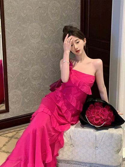 Classy Prom Dresses Mermaid One Shoulder Hot Pink Chiffon Evening Gown Formal Dress N4021