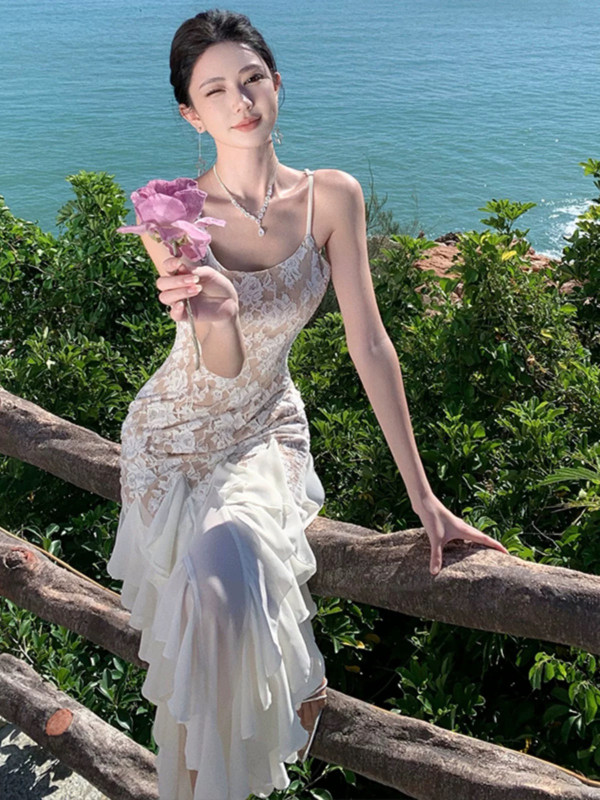 Mermaid Spaghetti Strap White Lace 21st Birthday Elegant Outfit Floor Length Wedding Guest Dresses N4022