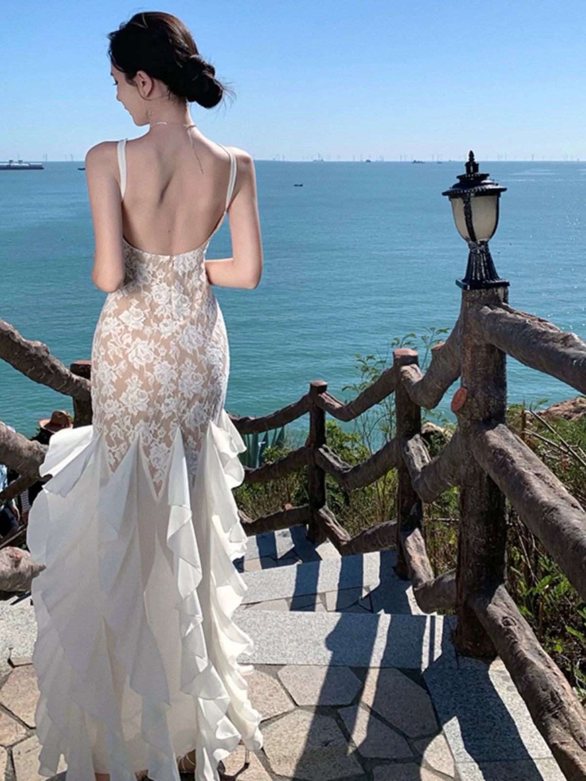 Mermaid Spaghetti Strap White Lace 21st Birthday Elegant Outfit Floor Length Wedding Guest Dresses N4022