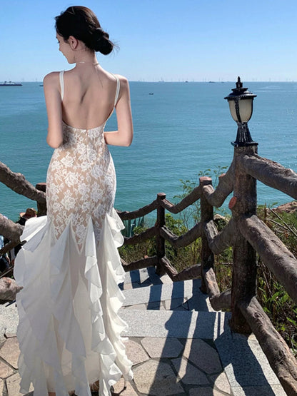 Mermaid Spaghetti Strap White Lace 21st Birthday Elegant Outfit Floor Length Wedding Guest Dresses N4022