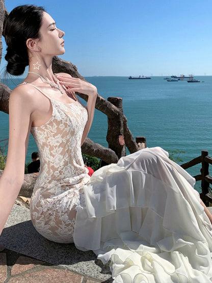Mermaid Spaghetti Strap White Lace 21st Birthday Elegant Outfit Floor Length Wedding Guest Dresses N4022