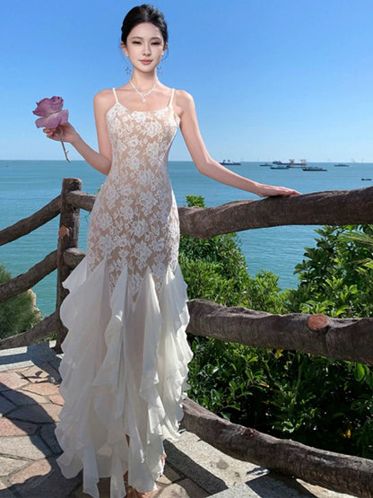 Mermaid Spaghetti Strap White Lace 21st Birthday Elegant Outfit Floor Length Wedding Guest Dresses N4022