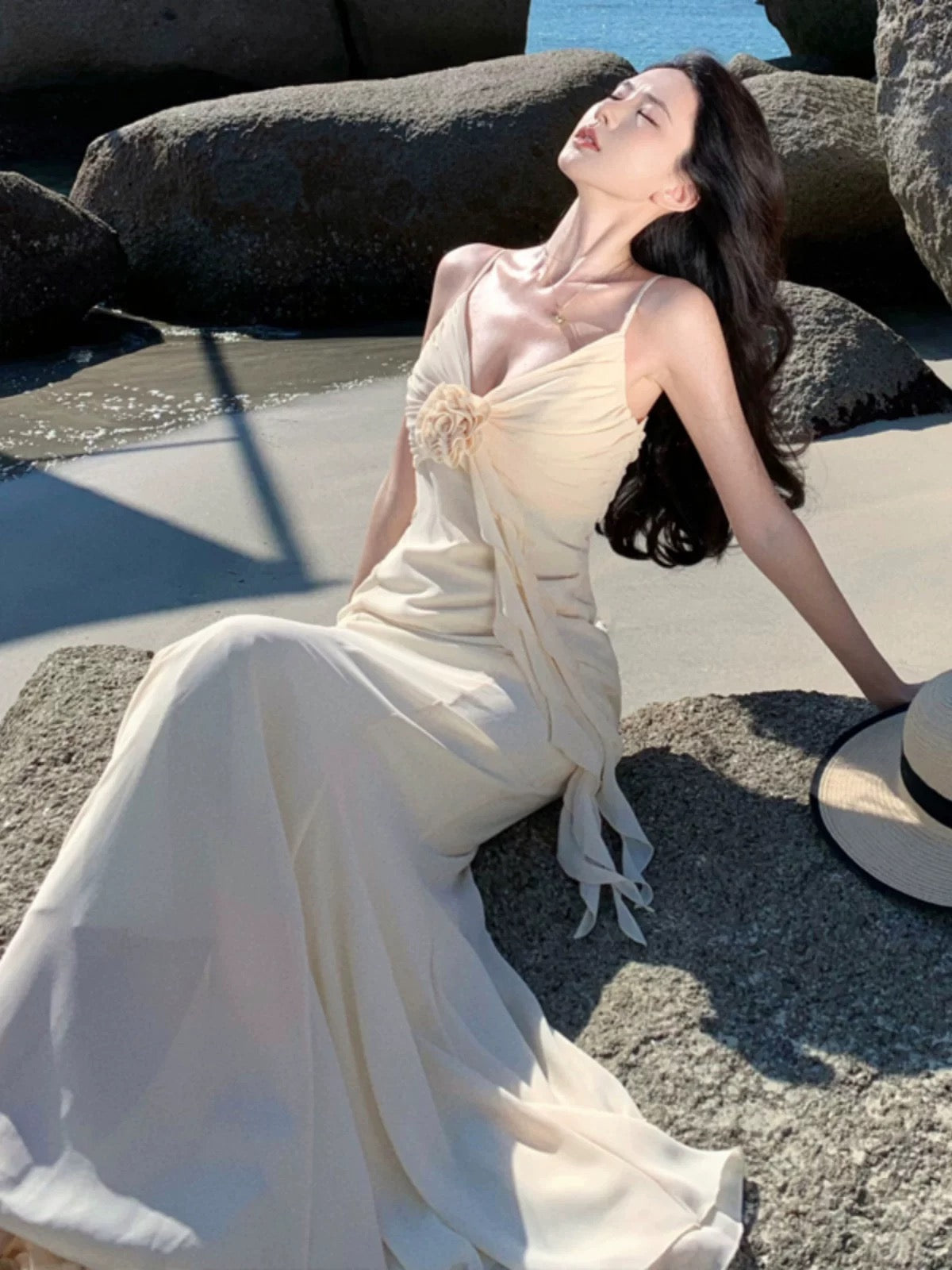 Classy Prom Dresses Mermaid Spaghetti Strap With Flower Chiffon Evening Gown Formal Dress N4023