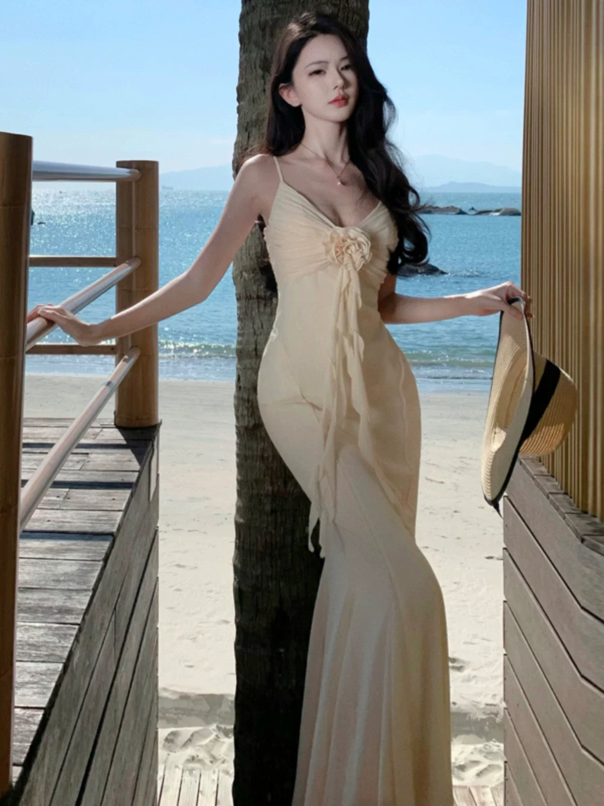 Classy Prom Dresses Mermaid Spaghetti Strap With Flower Chiffon Evening Gown Formal Dress N4023