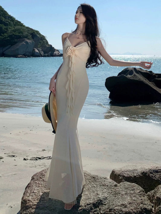 Classy Prom Dresses Mermaid Spaghetti Strap With Flower Chiffon Evening Gown Formal Dress N4023