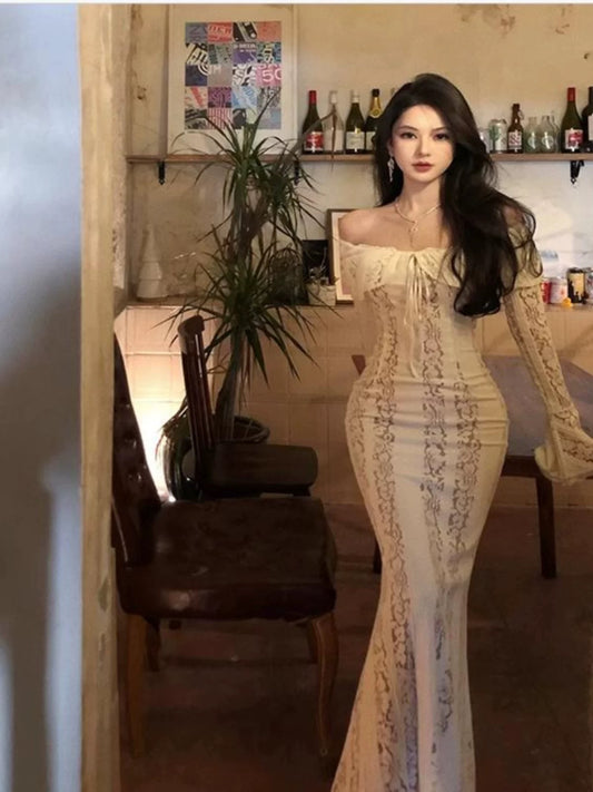 Mermaid Off The Shoulder White Lace 21st Birthday Elegant Outfit With Long Sleeves Wedding Guest Dresses N4024