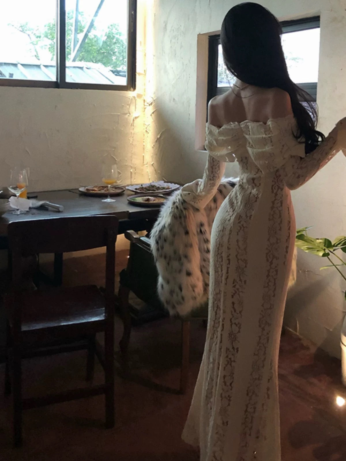 Mermaid Off The Shoulder White Lace 21st Birthday Elegant Outfit With Long Sleeves Wedding Guest Dresses N4024