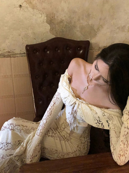 Mermaid Off The Shoulder White Lace 21st Birthday Elegant Outfit With Long Sleeves Wedding Guest Dresses N4024