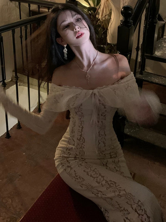 Mermaid Off The Shoulder White Lace 21st Birthday Elegant Outfit With Long Sleeves Wedding Guest Dresses N4024