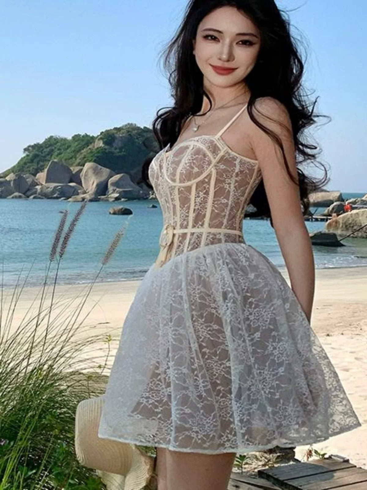 Sexy Ball Gown Spaghetti Strap White Lace Short Mini Party Dress Cocktail Homecoming Dresses N4026