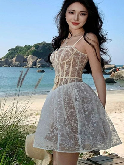 Sexy Ball Gown Spaghetti Strap White Lace Short Mini Party Dress Cocktail Homecoming Dresses N4026
