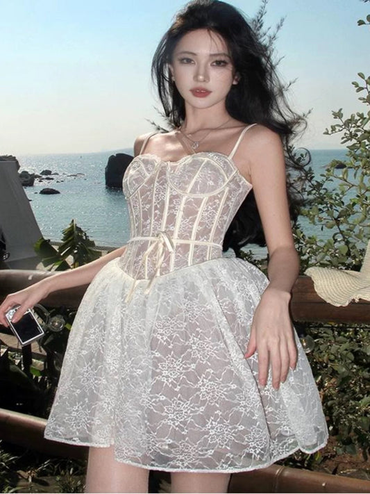 Sexy Ball Gown Spaghetti Strap White Lace Short Mini Party Dress Cocktail Homecoming Dresses N4026