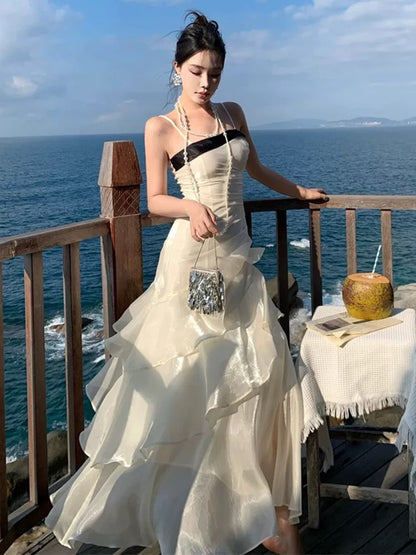 Mermaid Spaghetti Strap White Floor Length 21st Birthday Elegant Outfit Summer Wedding Guest Dresses N4031