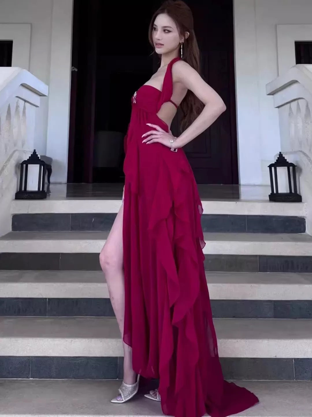 Classy Prom Dresses A Line Halter Slit Chiffon Burgundy Evening Gown Long Formal Dress N4032