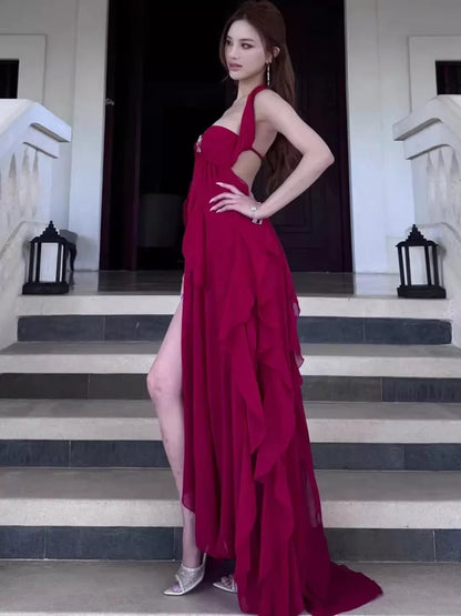 Classy Prom Dresses A Line Halter Slit Chiffon Burgundy Evening Gown Long Formal Dress N4032