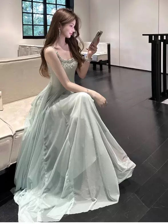 Sexy A Line Square Neck Mint Green Chiffon 18th Birthday Elegant Outfit Summer Wedding Guest Dresses N4034