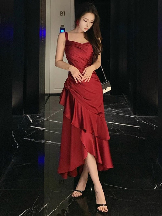 Mermaid Spaghetti Strap Burgundy Ankle Length 21st Birthday Elegant Outfit Summer Wedding Guest Dresses N4035