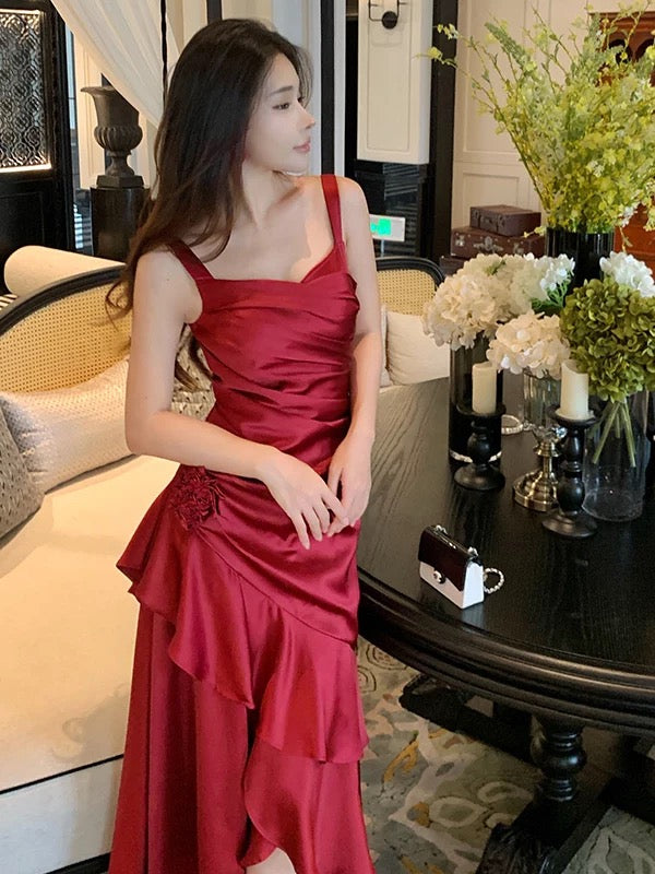 Mermaid Spaghetti Strap Burgundy Ankle Length 21st Birthday Elegant Outfit Summer Wedding Guest Dresses N4035