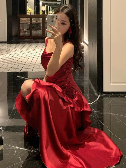 Mermaid Spaghetti Strap Burgundy Ankle Length 21st Birthday Elegant Outfit Summer Wedding Guest Dresses N4035