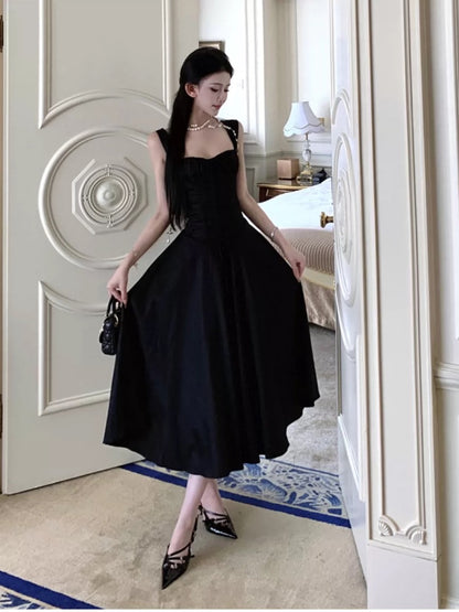 A line Square Neck Black Tea Length 21st Birthday Elegant Outfit Summer Wedding Guest Dresses N4036