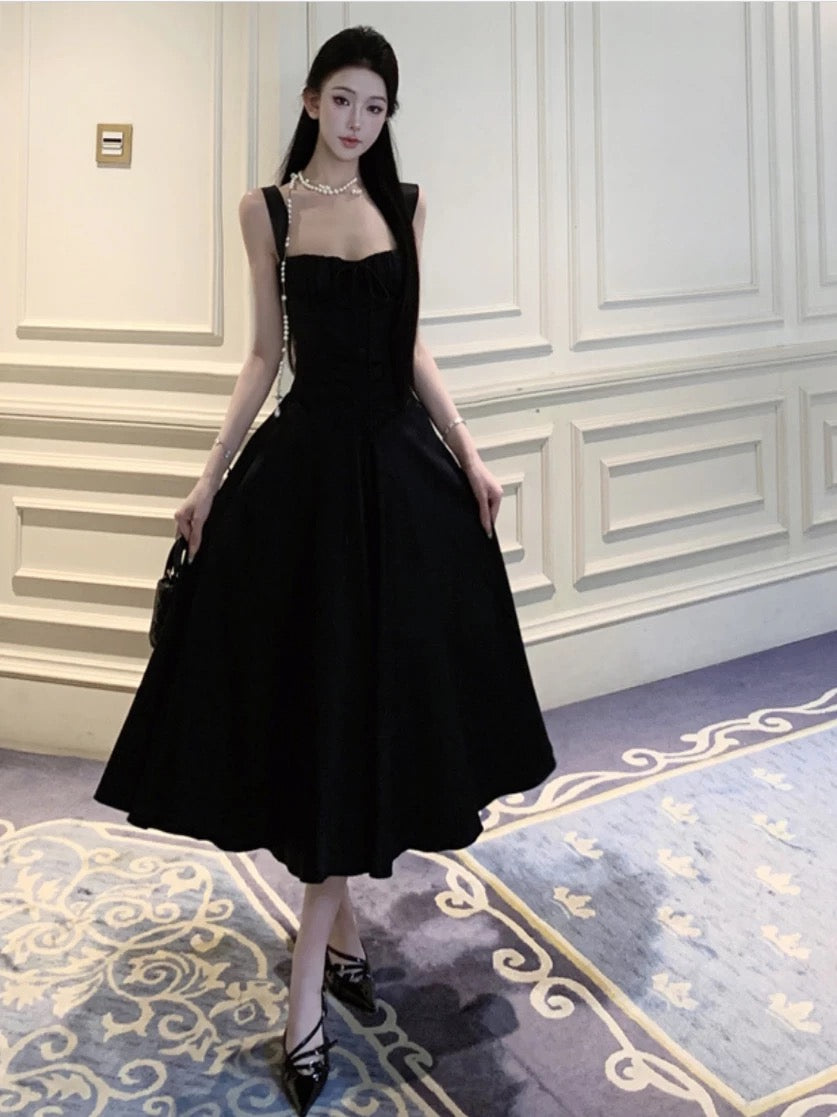 A line Square Neck Black Tea Length 21st Birthday Elegant Outfit Summer Wedding Guest Dresses N4036