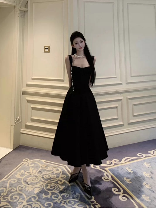 A line Square Neck Black Tea Length 21st Birthday Elegant Outfit Summer Wedding Guest Dresses N4036