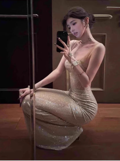 Sexy Mermaid Spaghetti Strap Sequin Backless 18th Birthday Elegant Outfit Summer Wedding Guest Dresses N4037
