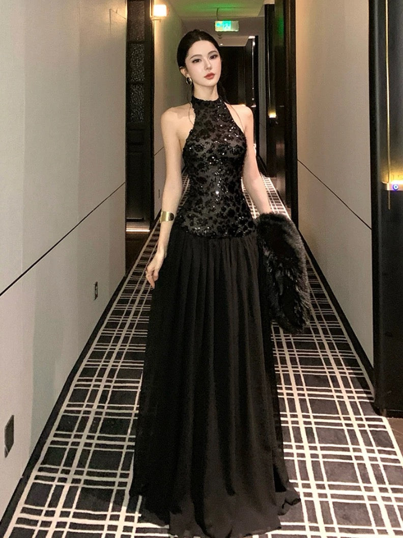 Sexy A line Halter Black Sequin Drop Waist Floor Length 21st Birthday Elegant Outfit Summer Wedding Guest Dresses N4038