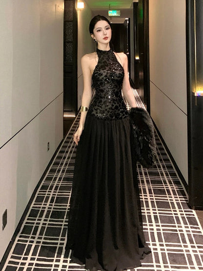 Sexy A line Halter Black Sequin Drop Waist Floor Length 21st Birthday Elegant Outfit Summer Wedding Guest Dresses N4038