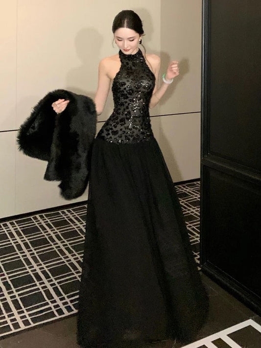 Sexy A line Halter Black Sequin Drop Waist Floor Length 21st Birthday Elegant Outfit Summer Wedding Guest Dresses N4038