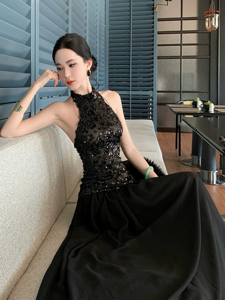 Sexy A line Halter Black Sequin Drop Waist Floor Length 21st Birthday Elegant Outfit Summer Wedding Guest Dresses N4038