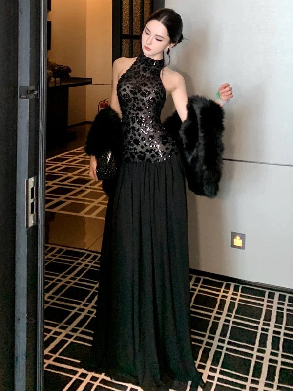 Sexy A line Halter Black Sequin Drop Waist Floor Length 21st Birthday Elegant Outfit Summer Wedding Guest Dresses N4038