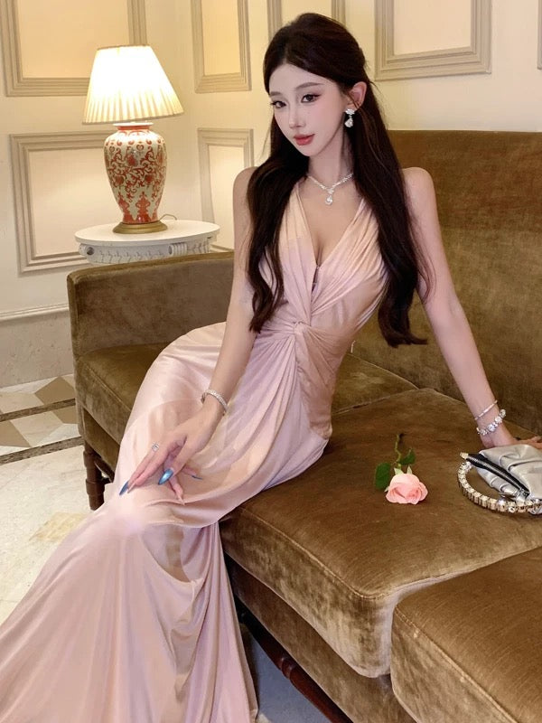 Sexy Mermaid V Neck Pink Open Back Backless 18th Birthday Elegant Outfit Summer Wedding Guest Dresses N4039